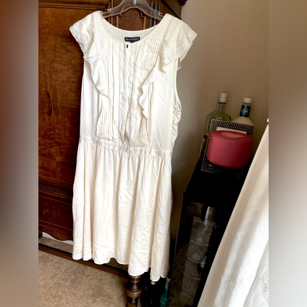 High Collar Cream Button-up Fit and Flare Frilly Sleeve Dress